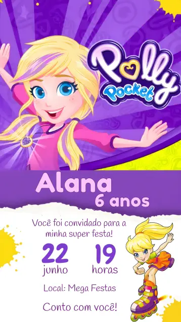 Convite Polly Pocket Infantil editável e personalizável