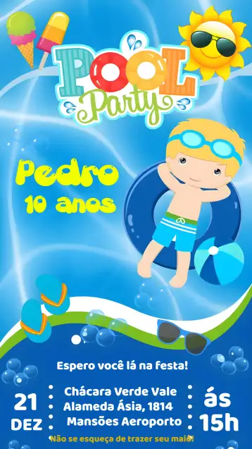 Convite Pool Party Azul para cumpleaños infantil en fiesta en la piscina. – tema más buscados (azul, tropical, verano, divertido, colorido, playero)