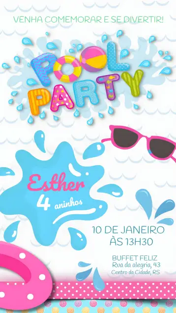 Convite Pool Party Infantil para cumpleaños infantil con temática de piscina. – tema más buscados (colorido, tropical, en la playa, divertido, moderno, ilustraciones infantiles)