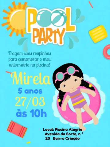 Convite Pool Party Lazer para aniversário infantil com tema de festa na piscina. – tema mais pesquisados (moderninho, colorido, tropical, divertido, feminino, praiano)