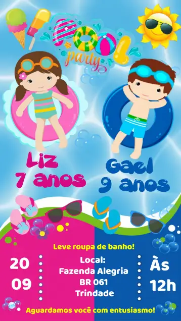 Convite Pool Party Menina E Menino Festa para ideal para festas de aniversário infantis na piscina. – tema mais pesquisados (piscina, verão, pôr do sol, cores pastel, diversão, férias)