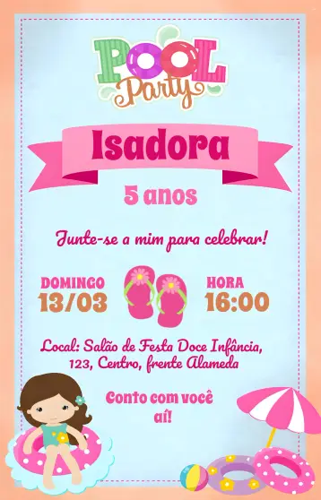 Invitación Pool Party Chica editable y personalizable