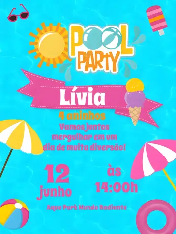 Convite Pool Party Praia para aniversário infantil com tema de piscina. – tema mais pesquisados (colorido, tropical, divertido, marinho, veranil)