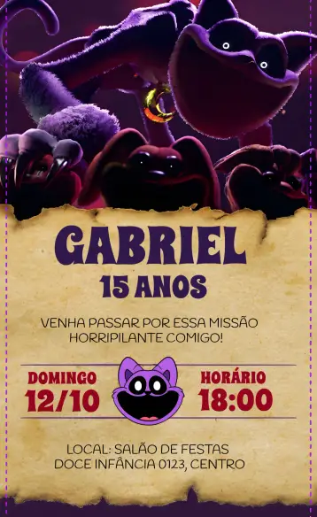 Invitación Poppy Play Time Terror editable y personalizable