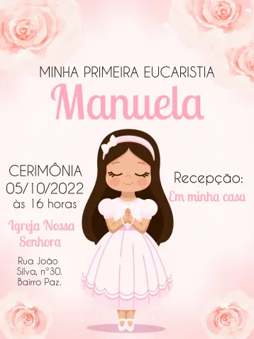 Convite Primeira Comunhão Barismo para primeira comunhão de uma menina. – tema primeira comunhão (rosa e branco, delicado, moderno, minimalista, vintage)
