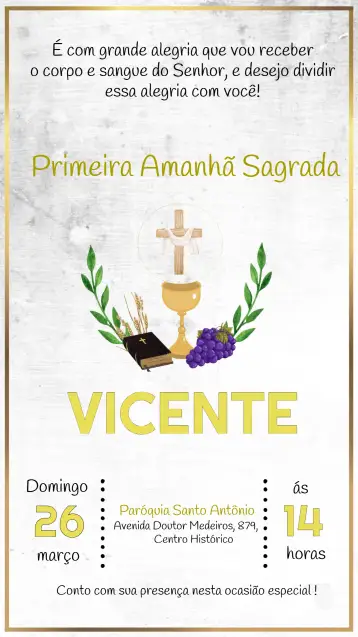 Convite Primeira Comunhão Batizado para primeira comunhão e batizado de crianças. – tema primeira comunhão (delicado, moderno, clássico, floral, pastel, ilustrações infantis)