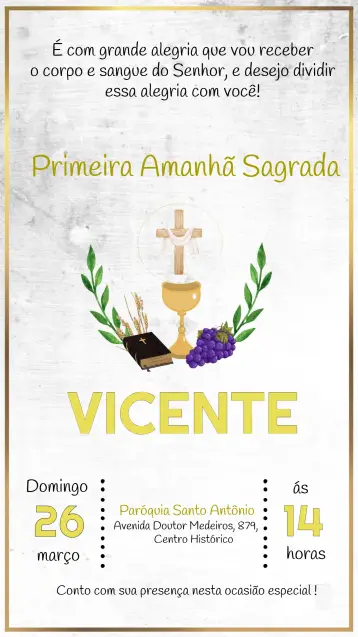 Convite Primeira Comunhão Batizado para primeira comunhão e batizado de crianças. – tema primeira comunhão (delicado, moderno, clássico, floral, pastel, ilustrações infantis)