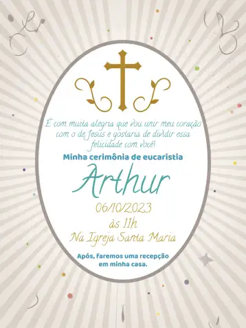 Convite Primeira Comunhão Branco editável e personalizável