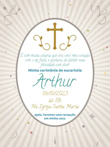 Convite Primeira Comunhão Branco para primeira comunhão de meninos em uma cerimônia religiosa. – tema primeira comunhão (branco, elegante, minimalista, clássico, religioso, sutil)