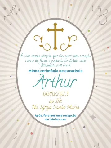 Convite Primeira Comunhão Branco para primeira comunhão de meninos em uma cerimônia religiosa. – tema primeira comunhão (branco, elegante, minimalista, clássico, religioso, sutil)