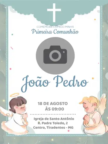 Convite Primeira Comunhão Com Foto Eucaristia para primeira comunhão, uma celebração religiosa especial. – tema primeira comunhão (azul, poá, anjos, infantil, elegante, sutil)
