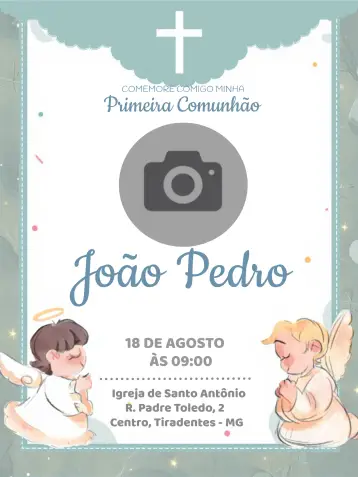 Convite Primeira Comunhão Com Foto Eucaristia para primeira comunhão, uma celebração religiosa especial. – tema primeira comunhão (azul, poá, anjos, infantil, elegante, sutil)