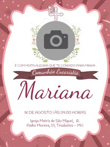 Convite Primeira Comunhão Com Foto Rosa editável e personalizável
