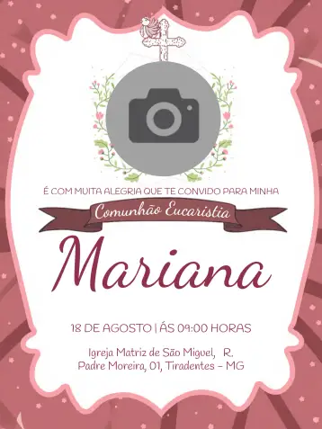 Convite Primeira Comunhão Com Foto Rosa para primeira comunhão de uma menina. – tema primeira comunhão (rosa, delicado, infantil, espiritual, elegante)