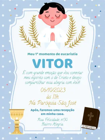 Convite Primeira Comunhão Igreja para primeira comunhão de crianças em cerimônia religiosa. – tema primeira comunhão (azul e branco, minimalista, moderno, religioso, clássico, infantil)