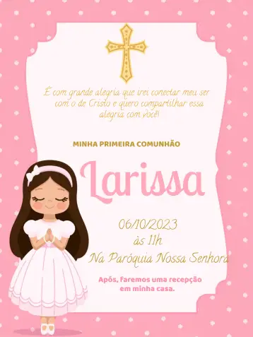 Convite Primeira Comunhão Rosa para primeira comunhão de uma menina – tema primeira comunhão (rosa, branco, delicado, minimalista, religioso, encantador)