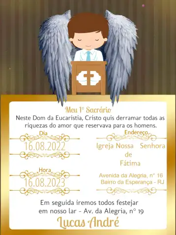 Convite Primeira Eucaristia Dourado editável e personalizável