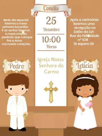 Convite Primeira Eucaristia Marrom para primeira comunhão de crianças. – tema primeira comunhão (marrom, dourado, branco, elegante, minimalista, infantil)