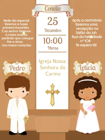 Convite Primeira Eucaristia Marrom para primeira comunhão de crianças. – tema primeira comunhão (marrom, dourado, branco, elegante, minimalista, infantil)