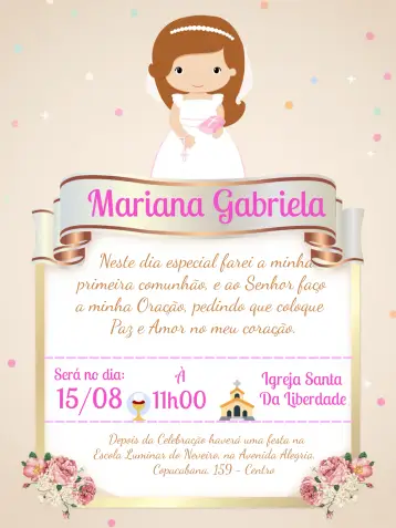 Convite Primeira Eucaristia Moldura para celebração da primeira comunhão. – tema primeira comunhão (delicado, elegante, floral, moderno, suave, infantil)