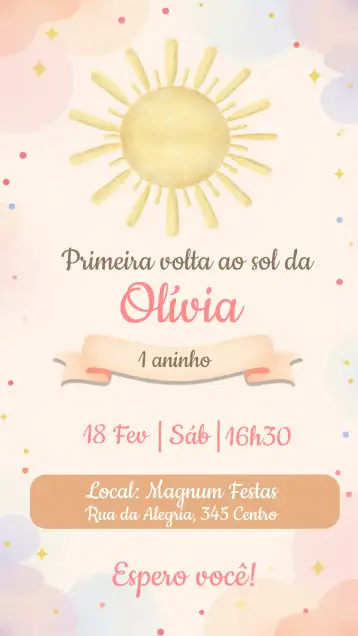 Convite Primeira Volta Ao Sol para ideal para celebrações de primeira comunhão. – tema primeira comunhão (colorido, minimalista, lúdico, moderno, delicado, floral)
