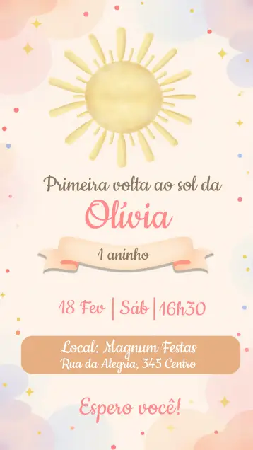Convite Primeira Volta Ao Sol para ideal para celebrações de primeira comunhão. – tema primeira comunhão (colorido, minimalista, lúdico, moderno, delicado, floral)