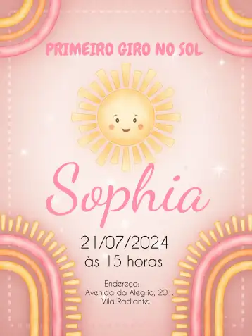 Convite Primeira Volta Ao Sol Rosa Menina editável e personalizável
