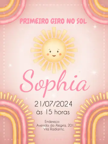 Convite Primeira Volta Ao Sol Rosa Menina para primeira comunhão de meninas. – tema primeira comunhão (boho, rosa, ilustrações de sol, arco-íris, infantil, colorido)