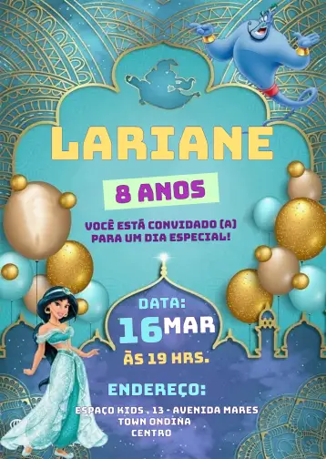 Convite Princess Jasmine Disney Aladdin Bday para kids birthday with a disney theme. – tema kids' birthday party (colorful, magical, playful, fantasy, thematic)