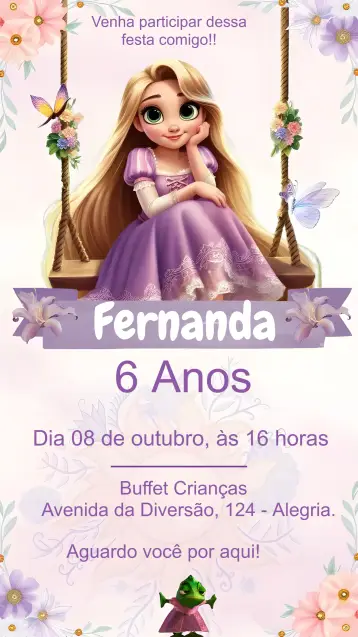 Convite Princesa Rapunzel Princesas editável e personalizável