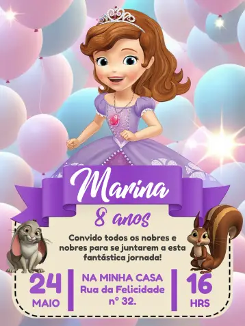 Convite Princesa Sofia Disney Coelho editável e personalizável