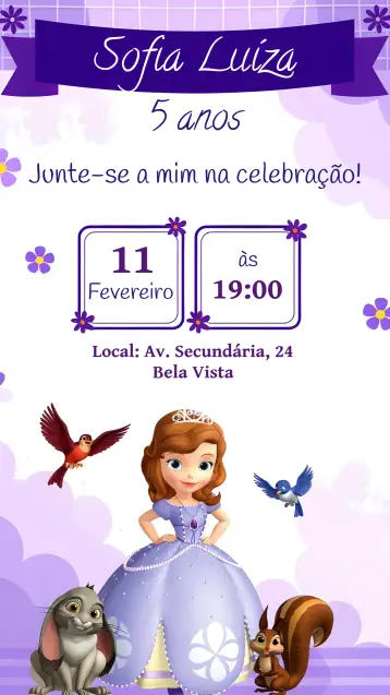 Convite Princesa Sofía Princesita para cumpleaños infantil con temática de princesa. – tema más buscados (púrpura, lila, femenino, princesa, infantil, encantado)