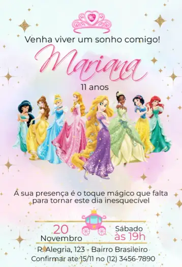 Convite Princesas para aniversário infantil com tema de princesas. – tema cartão (cores pastel, estilo encantado, elementos de conto de fadas, ilustrações de princesas, detalhes florais, brilho e magia)