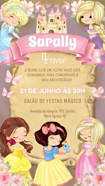 Convite Princesas Cute editável e personalizável