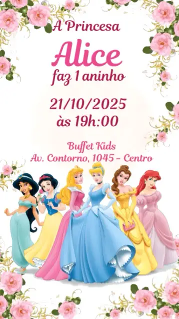 Convite Princesas Disney para cumpleaños infantil – tema cumpleaños infantil (colores pastel, ilustraciones de princesas, brillo y magia, estilo lúdico, detalles encantados, tema cuento de hadas)
