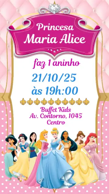 Convite Princesas Disney para aniversário infantil com tema princesas disney. – tema aniversário infantil (colorido, mágico, infantil, temático, divertido)