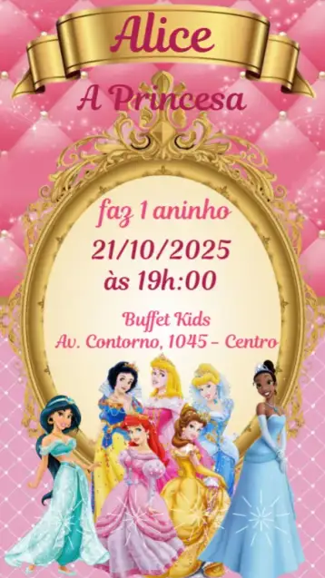 Convite Princesas Disney para aniversário infantil com tema de princesas. – tema aniversário infantil (colorido, mágico, infantil, fantasia, divertido)