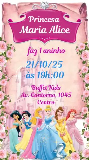 Convite Princesas Disney para aniversário infantil com tema de princesas. – tema aniversário infantil (colorido, lúdico, mágico, temático, infantil)