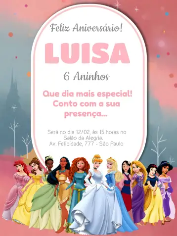 Convite Princesas Disney Cenicienta para cumpleaños infantil con temática de princesas. – tema más buscados (azul claro, dorado, blanco, princesas, brillo, elementos de cuento de hadas)