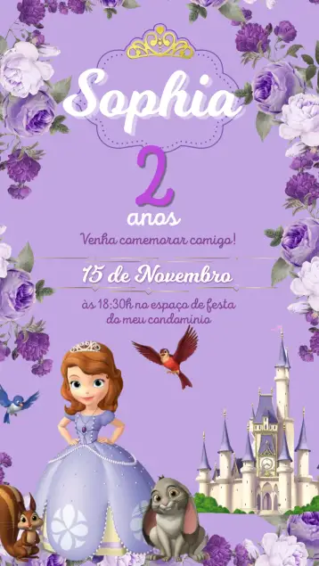 Convite Princesinha Sofia para aniversário infantil – tema aniversário infantil (lilás, azul, princesa, divertido, infantil, mágico)