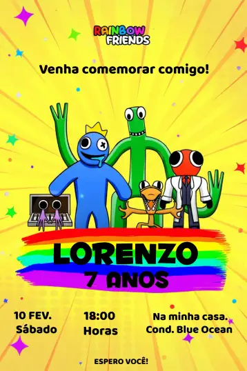 Invitación Rainbow Friends Azul Babão Amarillo editable y personalizable