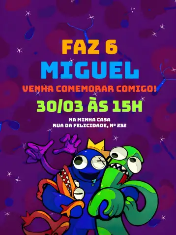 Convite Rainbow Friends Niño para cumpleaños infantil. – tema más buscados (arcoíris, colorido, divertido, lúdico, infantil, moderno)