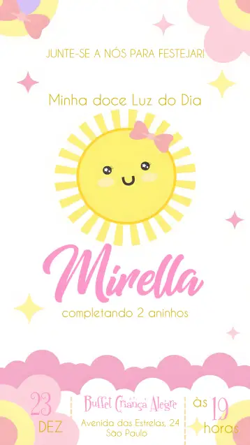 Convite Raio De Sol Menina para primeira comunhão de meninas. – tema primeira comunhão (colorido, alegre, luz do sol, infantil, delicado, moderno)