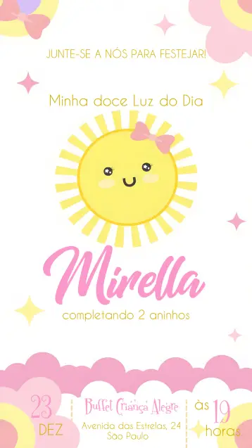 Convite Raio De Sol Menina para primeira comunhão de meninas. – tema primeira comunhão (colorido, alegre, luz do sol, infantil, delicado, moderno)