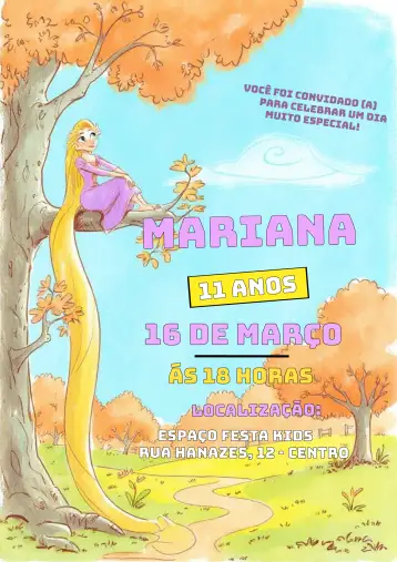 Convite Rapunzel Disney para children's birthday party with a rapunzel theme. – tema kids' birthday party (vibrant colors, fairy tale style, Disney graphic elements, childlike illustrations, princess theme, fun design)
