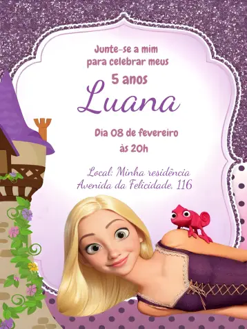Convite Rapunzel Enrolados Glitter editável e personalizável
