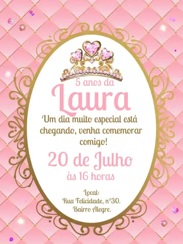 Convite Royal Tiara para children's birthday with princess theme. – tema most searched for (pink, golden, floral, royalty, princess, magical)