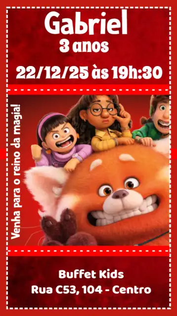 Convite Red é uma Fera para aniversário infantil com tema de filme. – tema aniversário infantil (colorido, divertido, moderno, animado, temático)