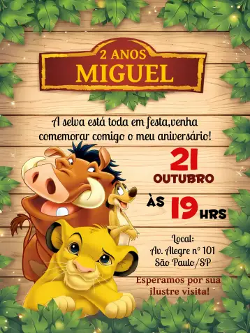 Convite Rei Leão Disney para aniversário infantil – tema aniversário infantil (colorido, divertido, savana africana, temática Disney, ilustrações animadas, estilo cartoon)