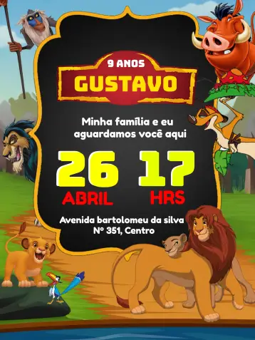 Invitación Fiesta Rey León editable y personalizable